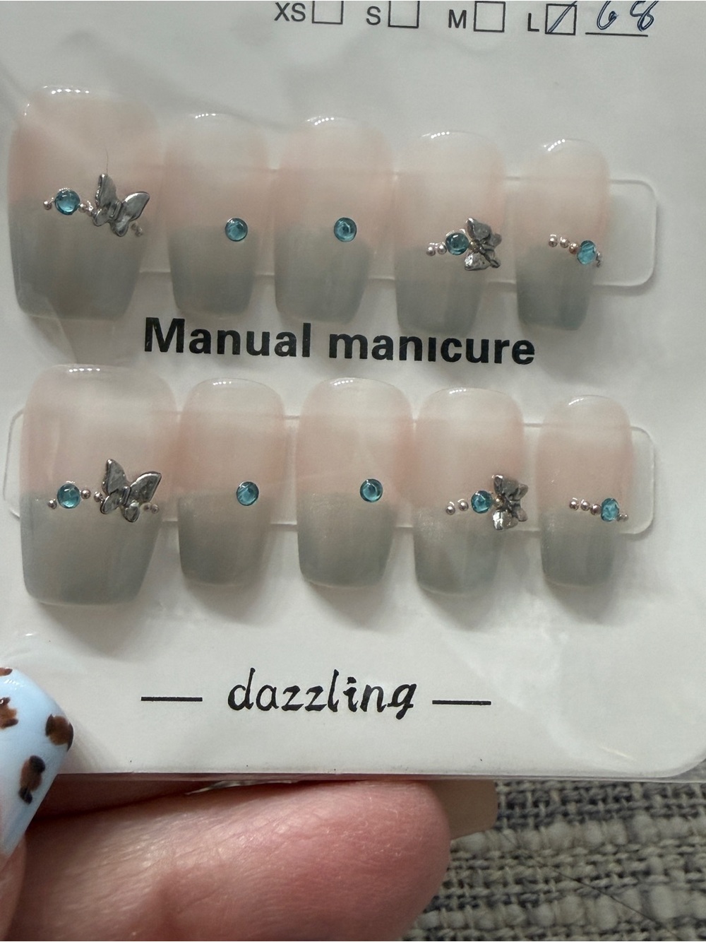Gray Ombre Press-On Nails with Teal Rhinestones & Silver Butterflies